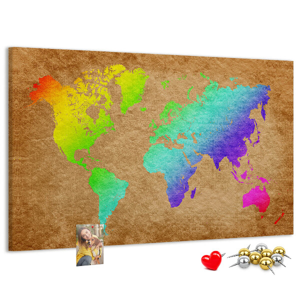 Tableau affichage liège Carte du monde colorée sur fond marron