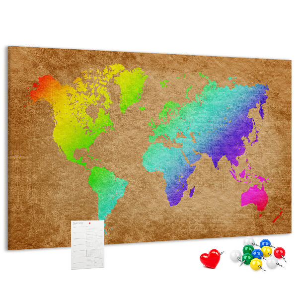 Tableau affichage liège Carte du monde colorée sur fond marron