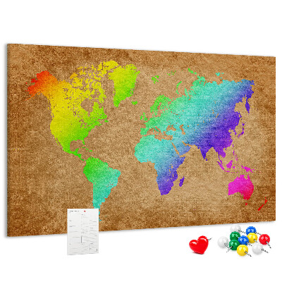 Tableau affichage liège Carte du monde colorée sur fond marron