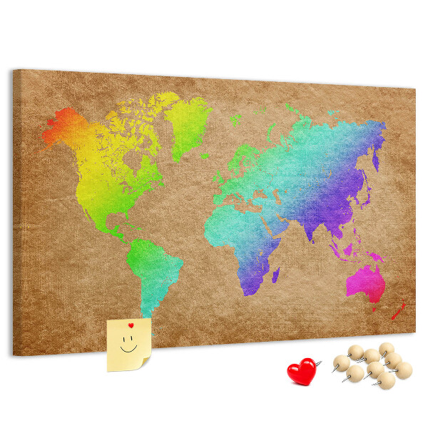 Tableau affichage liège Carte du monde colorée sur fond marron
