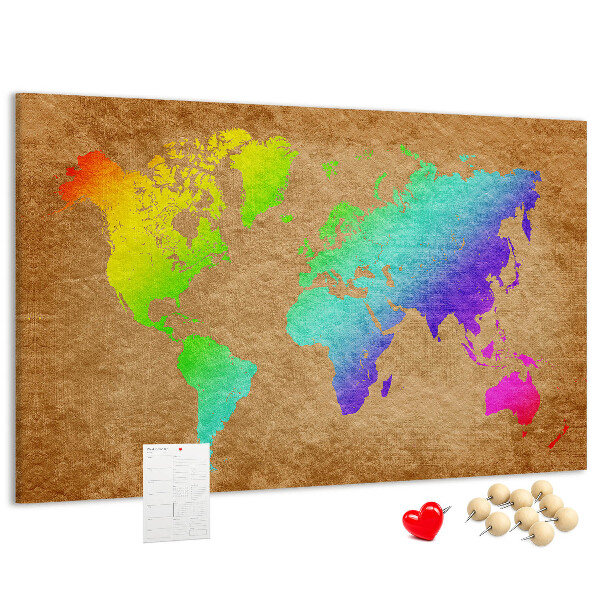 Tableau affichage liège Carte du monde colorée sur fond marron