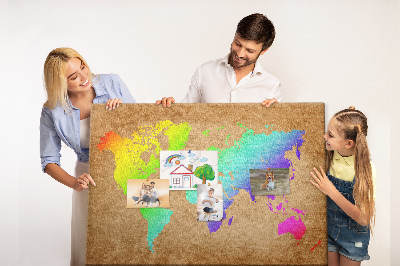 Tableau affichage liège Carte du monde colorée sur fond marron
