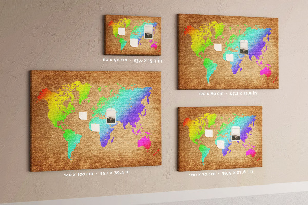 Tableau affichage liège Carte du monde colorée sur fond marron