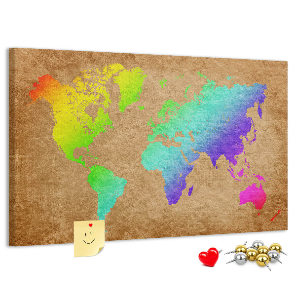 Tableau affichage liège Carte du monde colorée sur fond marron