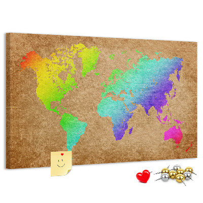 Tableau affichage liège Carte du monde colorée sur fond marron