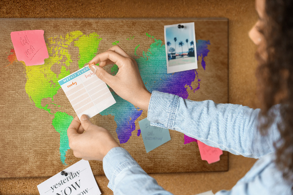 Tableau affichage liège Carte du monde colorée sur fond marron