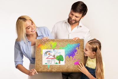 Tableau affichage liège Carte du monde colorée sur fond marron