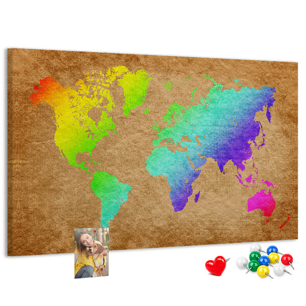 Tableau affichage liège Carte du monde colorée sur fond marron