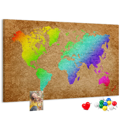 Tableau affichage liège Carte du monde colorée sur fond marron