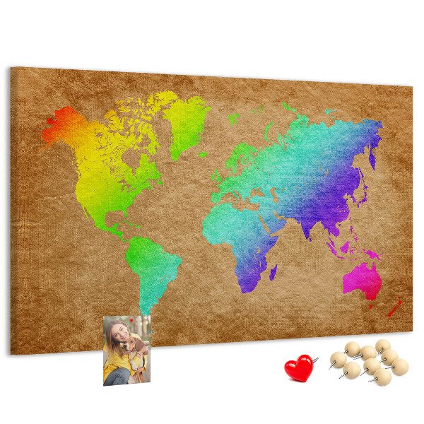 Tableau affichage liège Carte du monde colorée sur fond marron