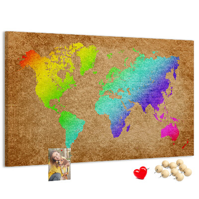 Tableau affichage liège Carte du monde colorée sur fond marron