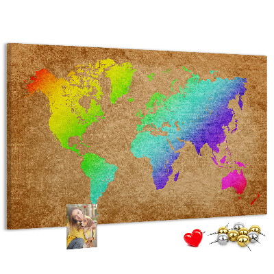 Tableau affichage liège Carte du monde colorée sur fond marron