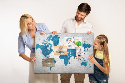 Tableau de liège Gravure d'une carte du monde dans des tons de bleu