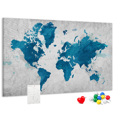 Tableau de liège Gravure d'une carte du monde dans des tons de bleu