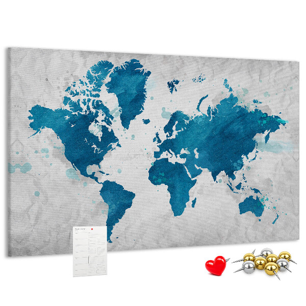 Tableau de liège Gravure d'une carte du monde dans des tons de bleu