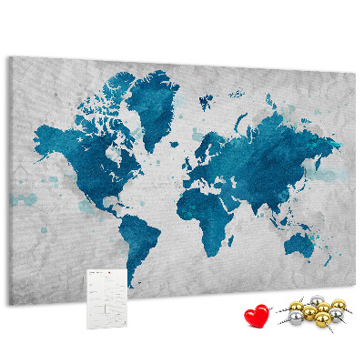 Tableau de liège Gravure d'une carte du monde dans des tons de bleu