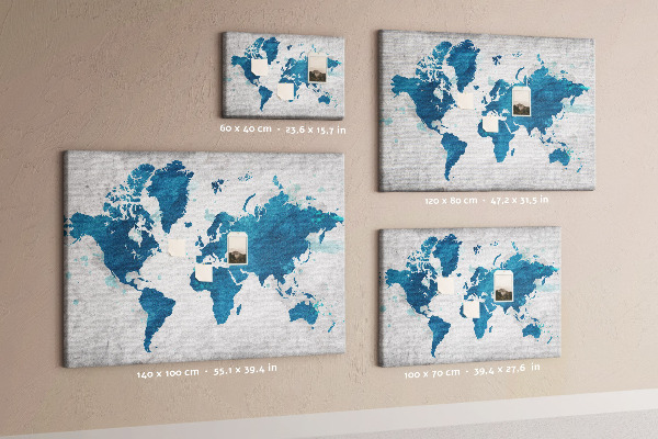 Tableau de liège Gravure d'une carte du monde dans des tons de bleu