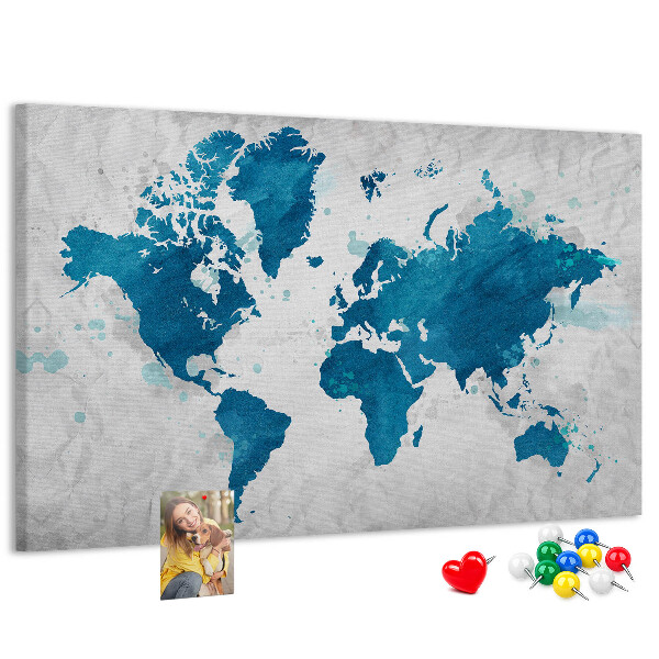 Tableau de liège Gravure d'une carte du monde dans des tons de bleu