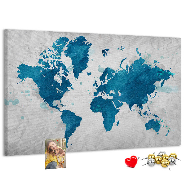 Tableau de liège Gravure d'une carte du monde dans des tons de bleu