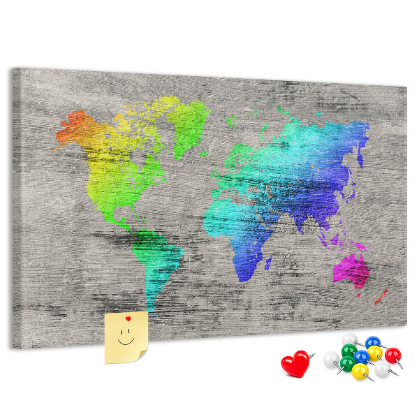 Tableau en liège Carte du monde colorée sur fond gris