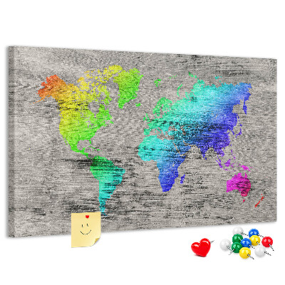 Tableau en liège Carte du monde colorée sur fond gris