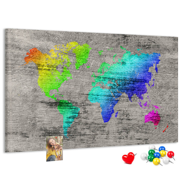 Tableau en liège Carte du monde colorée sur fond gris
