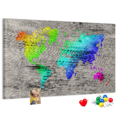 Tableau en liège Carte du monde colorée sur fond gris