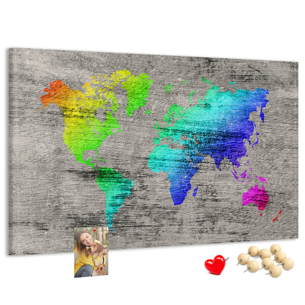 Tableau en liège Carte du monde colorée sur fond gris
