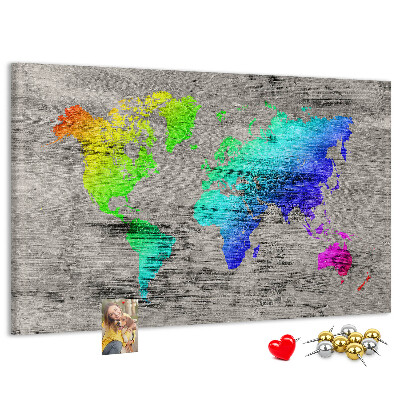 Tableau en liège Carte du monde colorée sur fond gris
