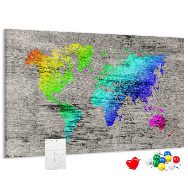 Tableau en liège Carte du monde colorée sur fond gris