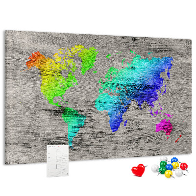Tableau en liège Carte du monde colorée sur fond gris