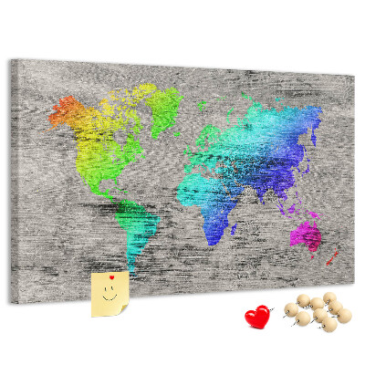 Tableau en liège Carte du monde colorée sur fond gris