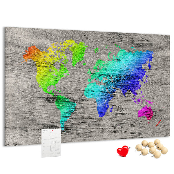 Tableau en liège Carte du monde colorée sur fond gris