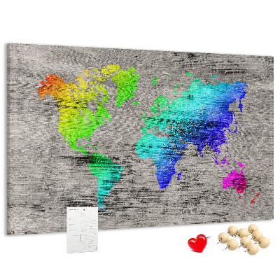 Tableau en liège Carte du monde colorée sur fond gris