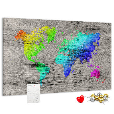 Tableau en liège Carte du monde colorée sur fond gris