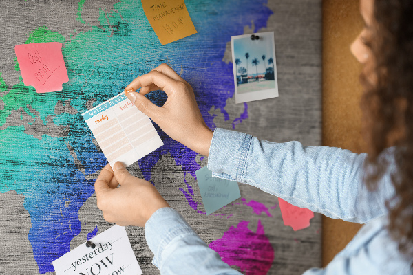 Tableau en liège Carte du monde colorée sur fond gris
