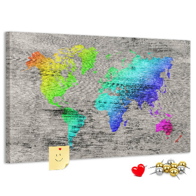 Tableau en liège Carte du monde colorée sur fond gris