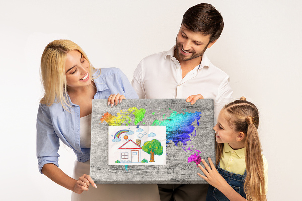 Tableau en liège Carte du monde colorée sur fond gris