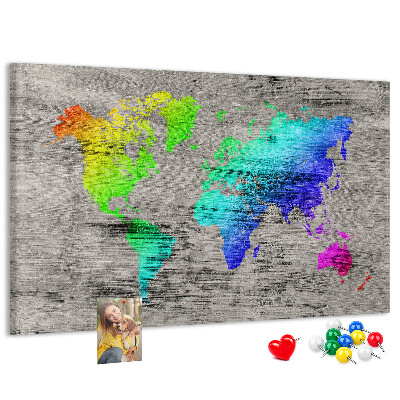 Tableau en liège Carte du monde colorée sur fond gris
