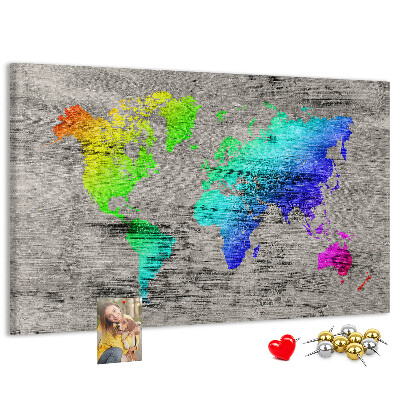 Tableau en liège Carte du monde colorée sur fond gris
