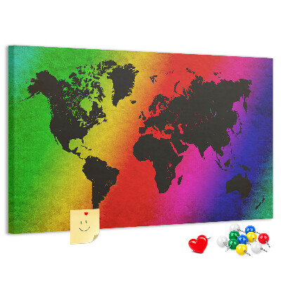 Tableau affichage liège Carte du monde arc-en-ciel sur fond coloré