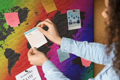 Tableau affichage liège Carte du monde arc-en-ciel sur fond coloré
