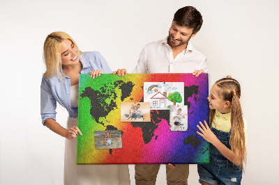 Tableau affichage liège Carte du monde arc-en-ciel sur fond coloré