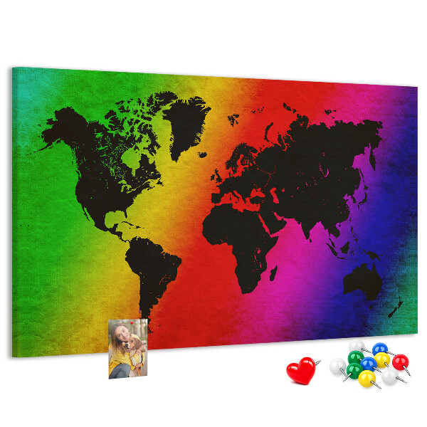 Tableau affichage liège Carte du monde arc-en-ciel sur fond coloré