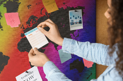 Tableau affichage liège Carte du monde arc-en-ciel sur fond coloré