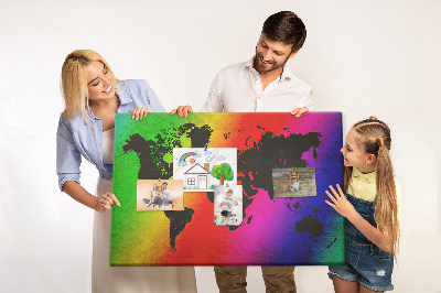 Tableau affichage liège Carte du monde arc-en-ciel sur fond coloré