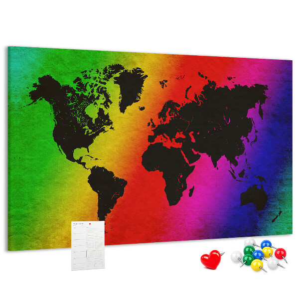 Tableau affichage liège Carte du monde arc-en-ciel sur fond coloré
