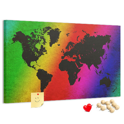 Tableau affichage liège Carte du monde arc-en-ciel sur fond coloré