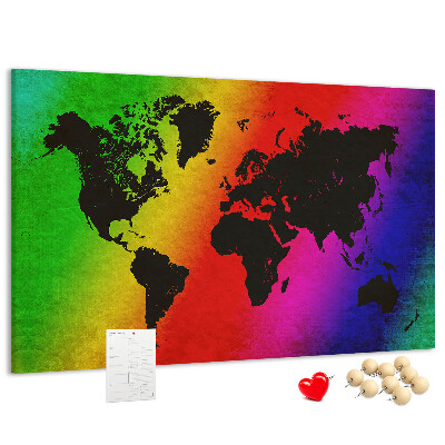 Tableau affichage liège Carte du monde arc-en-ciel sur fond coloré