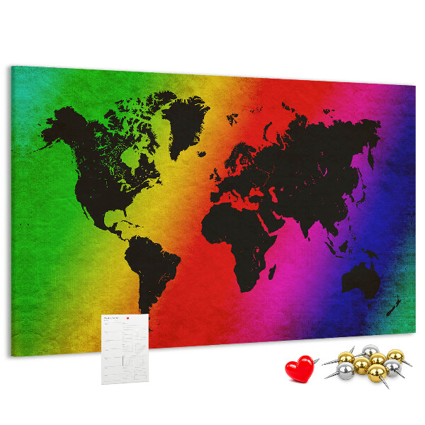 Tableau affichage liège Carte du monde arc-en-ciel sur fond coloré